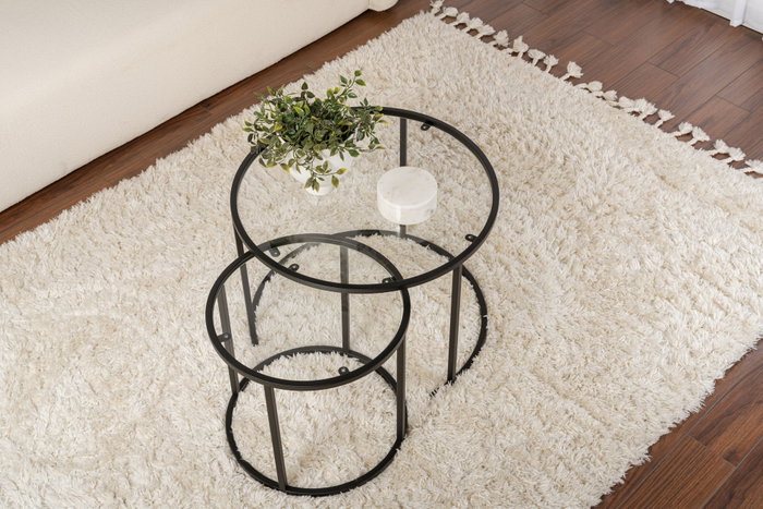 Nordure Juego de Mesas de Café 60, 42 cm Negro, Transparente Elegantes y Modernas con Marco de Metal y Vidrio Templado